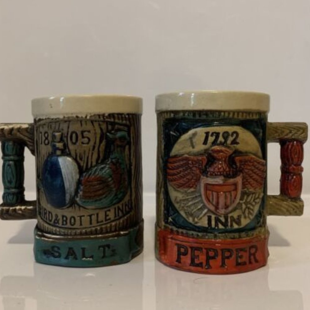 Vintage Napcoware 1792 Eagle Inn Pepper, 1805 Bird & Bottle Inn Salt Shakers